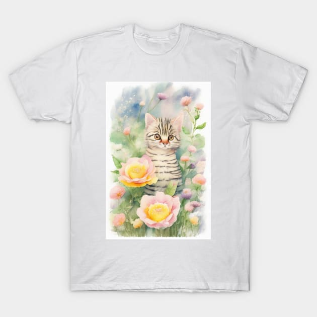 Flower Garden with a Tabby Cat T-Shirt by Stades